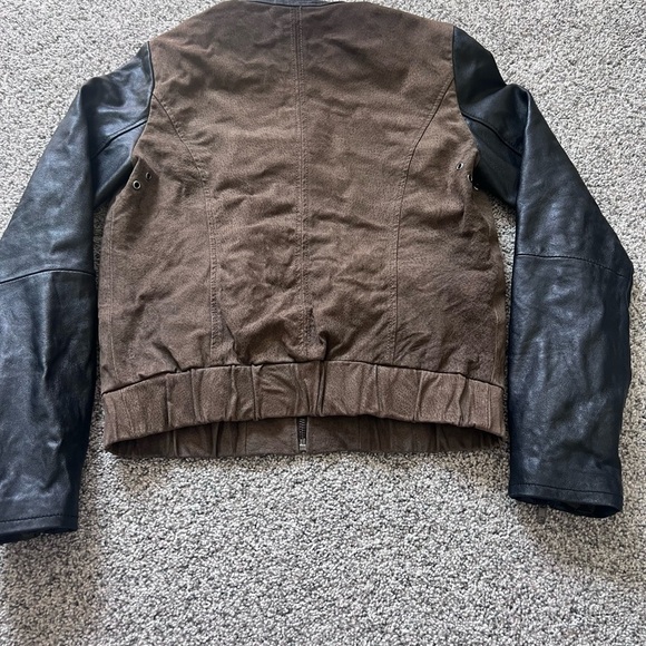 MANGO LEATHER BROWN Suede BLACK Colorblock WOMEN'S JACKET Zip up Bomber SIZE XS - Picture 9 of 15